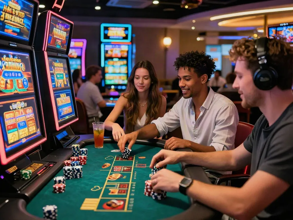 Les joueurs s'amusent sur https://studiobarw.com/ dans un casino moderne avec des machines à sous et des jeux de table.