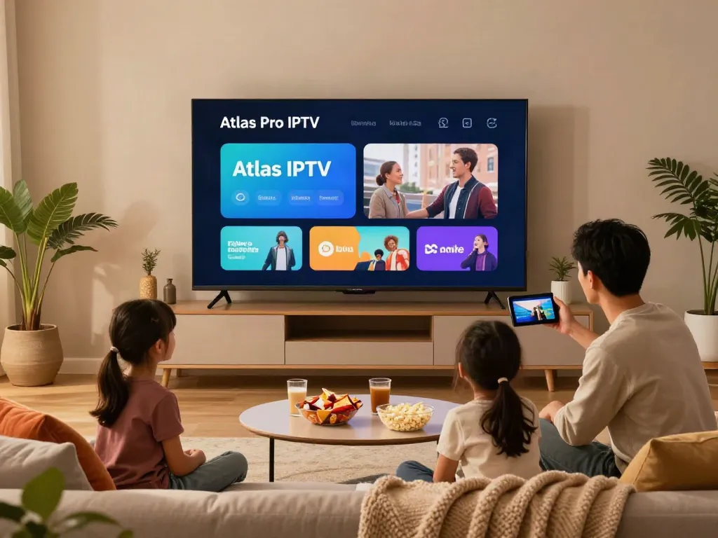 Installation de l'application Atlas Pro IPTV dans un salon moderne pour une soirée cinéma en famille.
