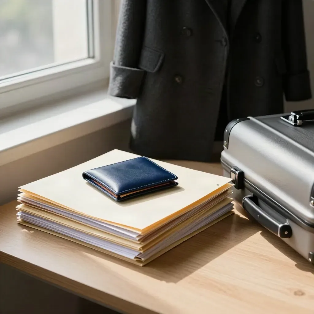 Dossier immigration, portefeuille de voyage, manteau roulé et valise dans un bureau lumineux.