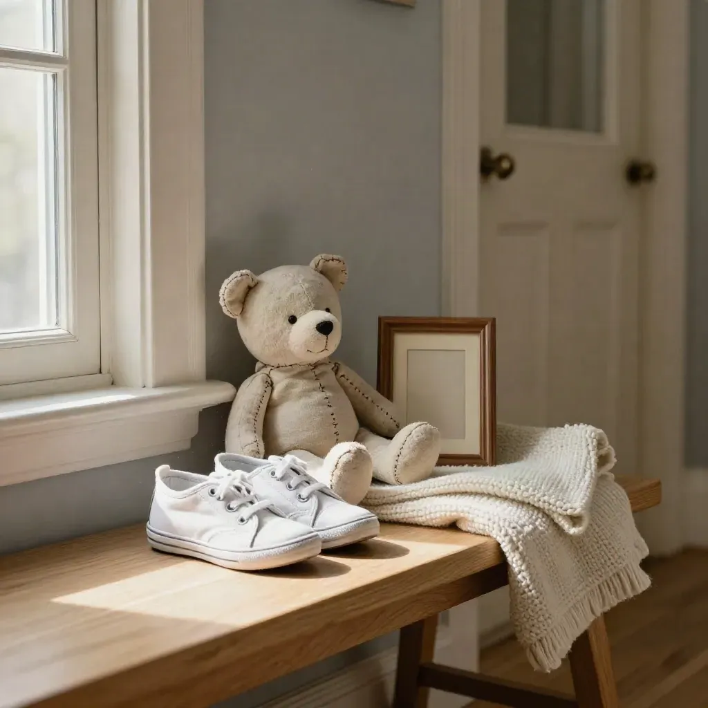 Chaussures d’enfant, ours en tissu et couverture pliée sur un banc d’entrée d’appartement.