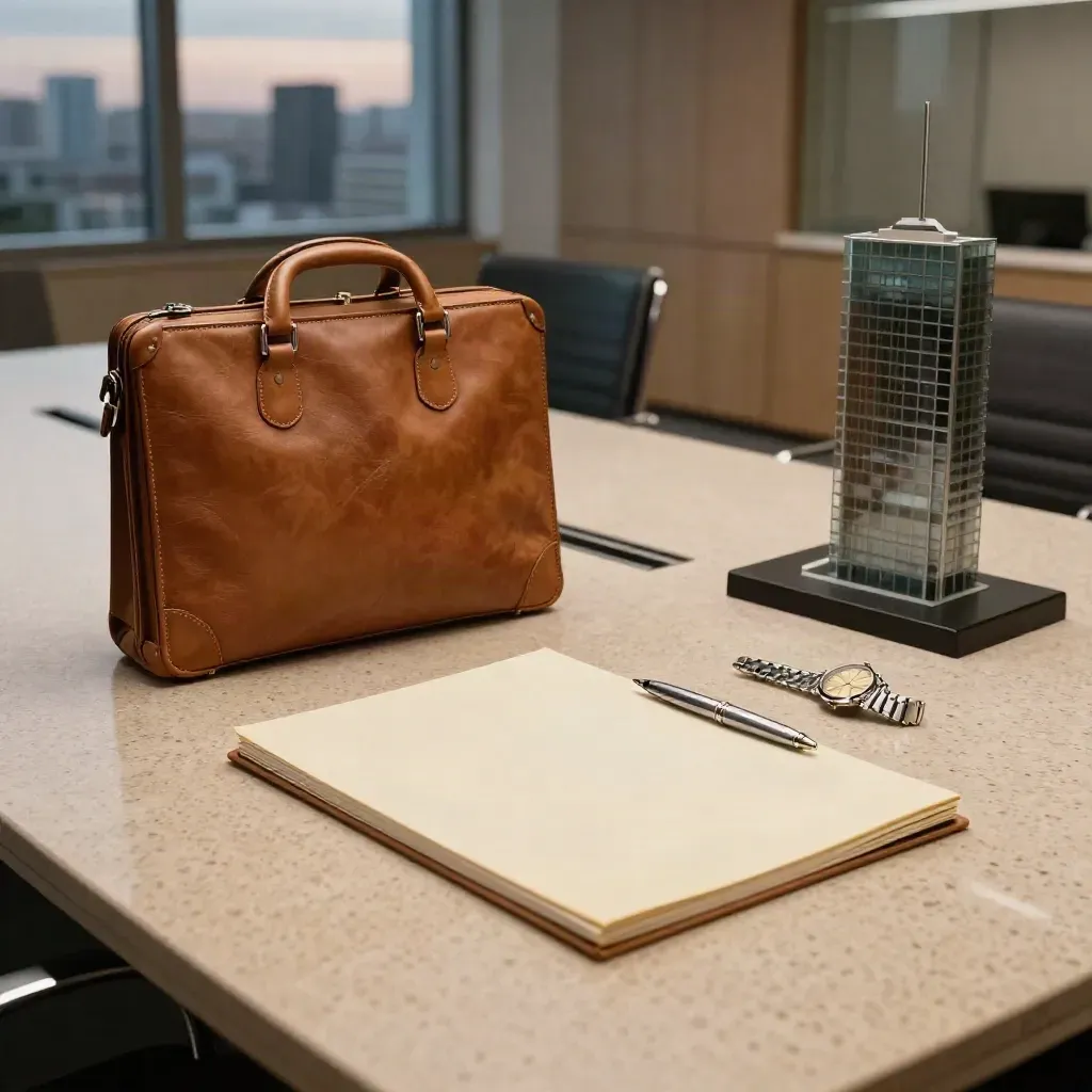 Mallette, dossier et maquette d’immeuble dans une salle de réunion au crépuscule.