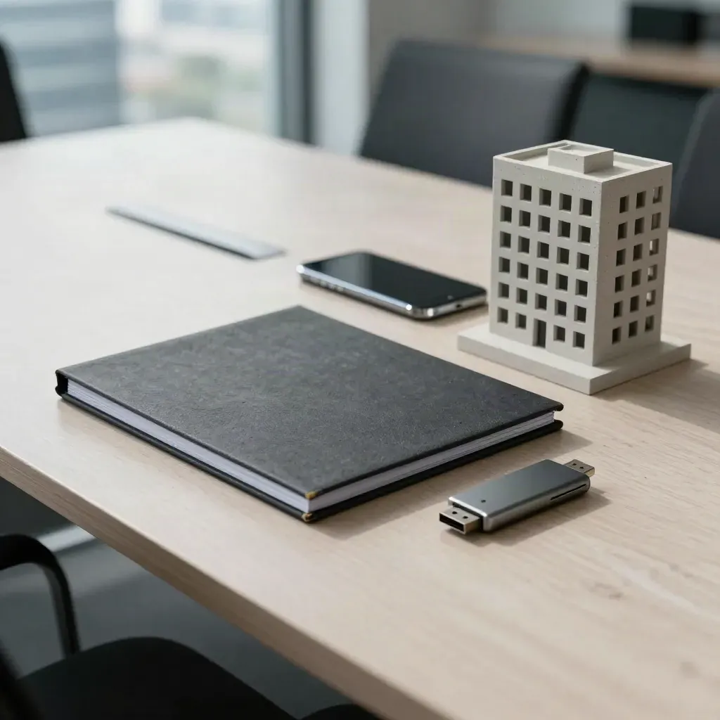Dossier fermé, téléphone silencieux, clé USB et maquette d’immeuble sur table de réunion.