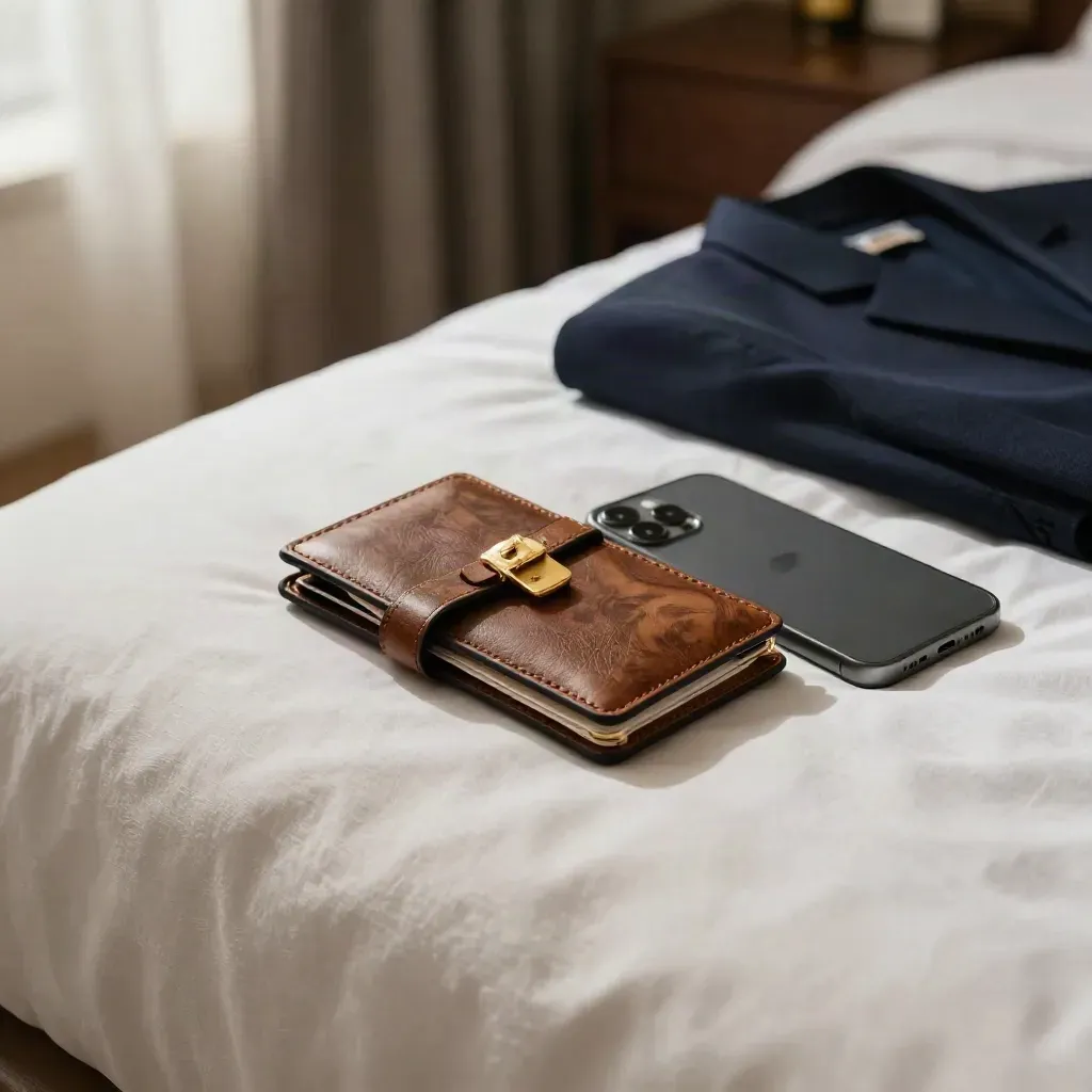 Porte-carte, badge d’aéroport, veste pliée et coque de téléphone sur un lit d’hôtel.