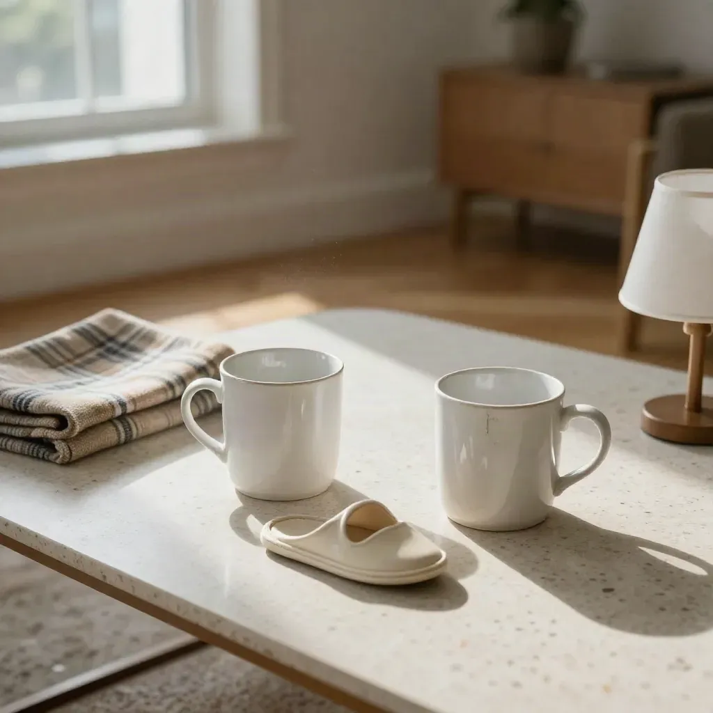 Deux tasses, des chaussons d’enfant, un plaid plié et une lampe sur table basse.