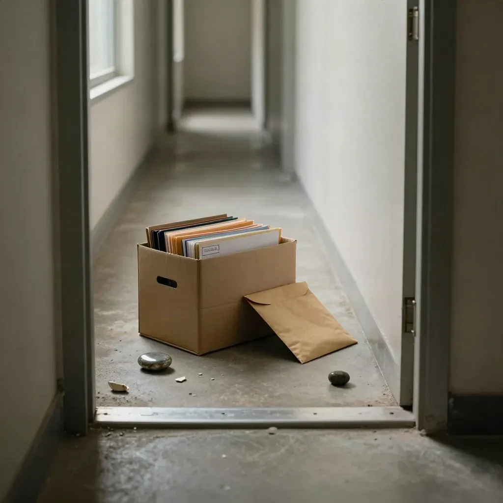 Couloir d’immeuble avec boîte d’archives ouverte, enveloppe kraft et éclat de céramique