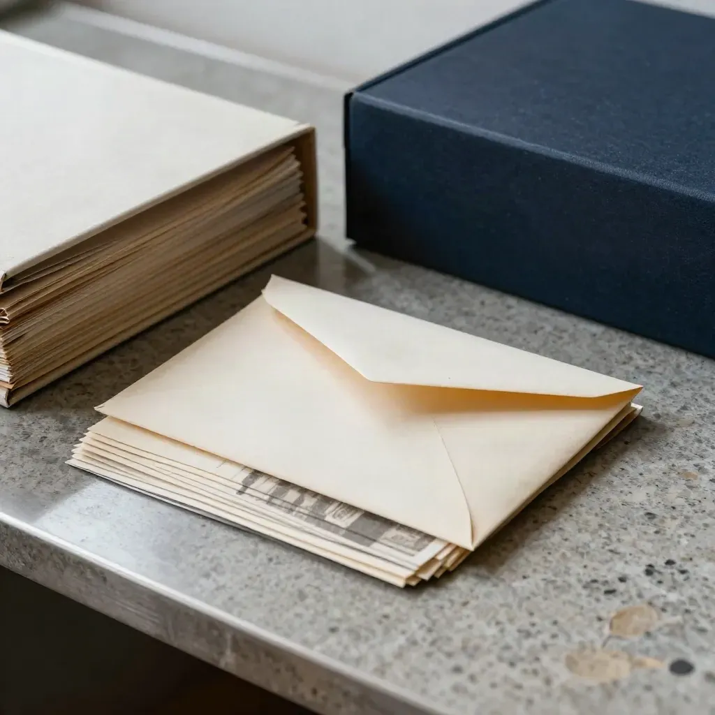 Enveloppe tamponnée, pièces de preuve et boîte d’archives sur bureau clair, lumière vive.
