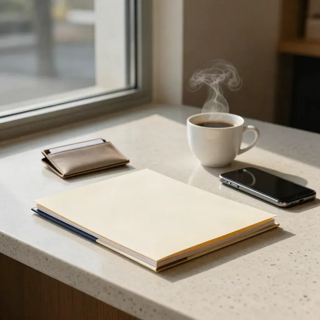 Deux chemises de consultation, café et téléphone éteint sur un comptoir de travertin lumineux.