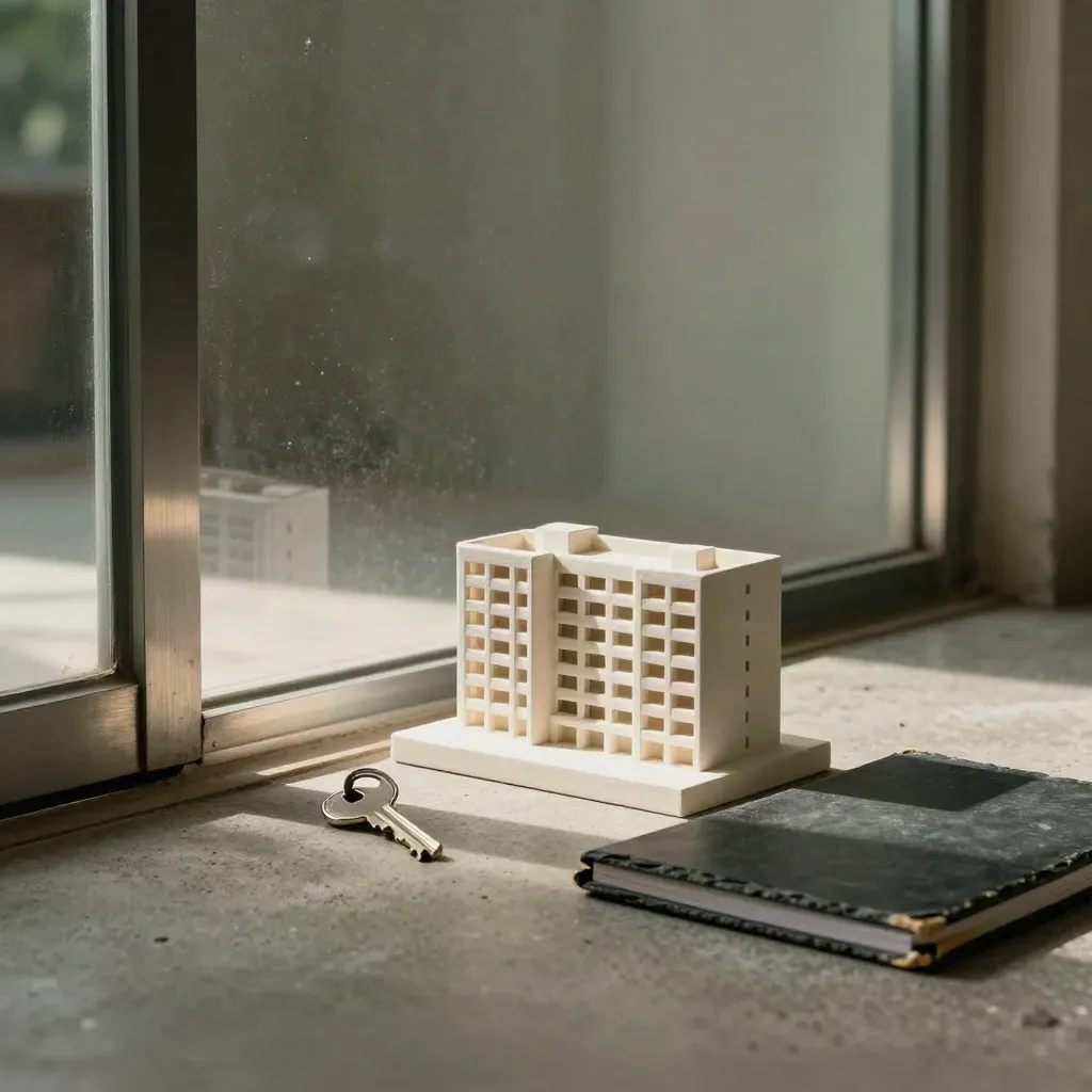 Façade vitrée, clé plate, maquette de local et classeur fermé dans un hall commercial.