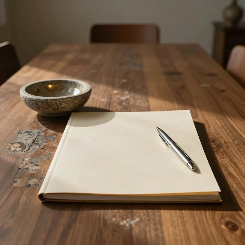 Un dossier fermé, un stylo métal, une coupelle en pierre et une chaise vide dans une salle calme.