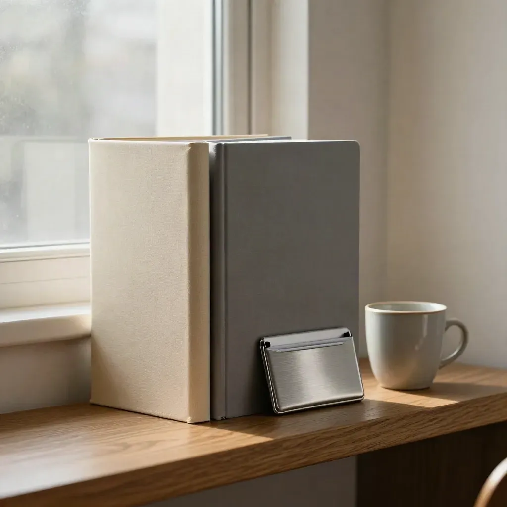 Deux chemises de consultation, carnet, boîtier de carte et tasse sur une étagère près d’une fenêtre.