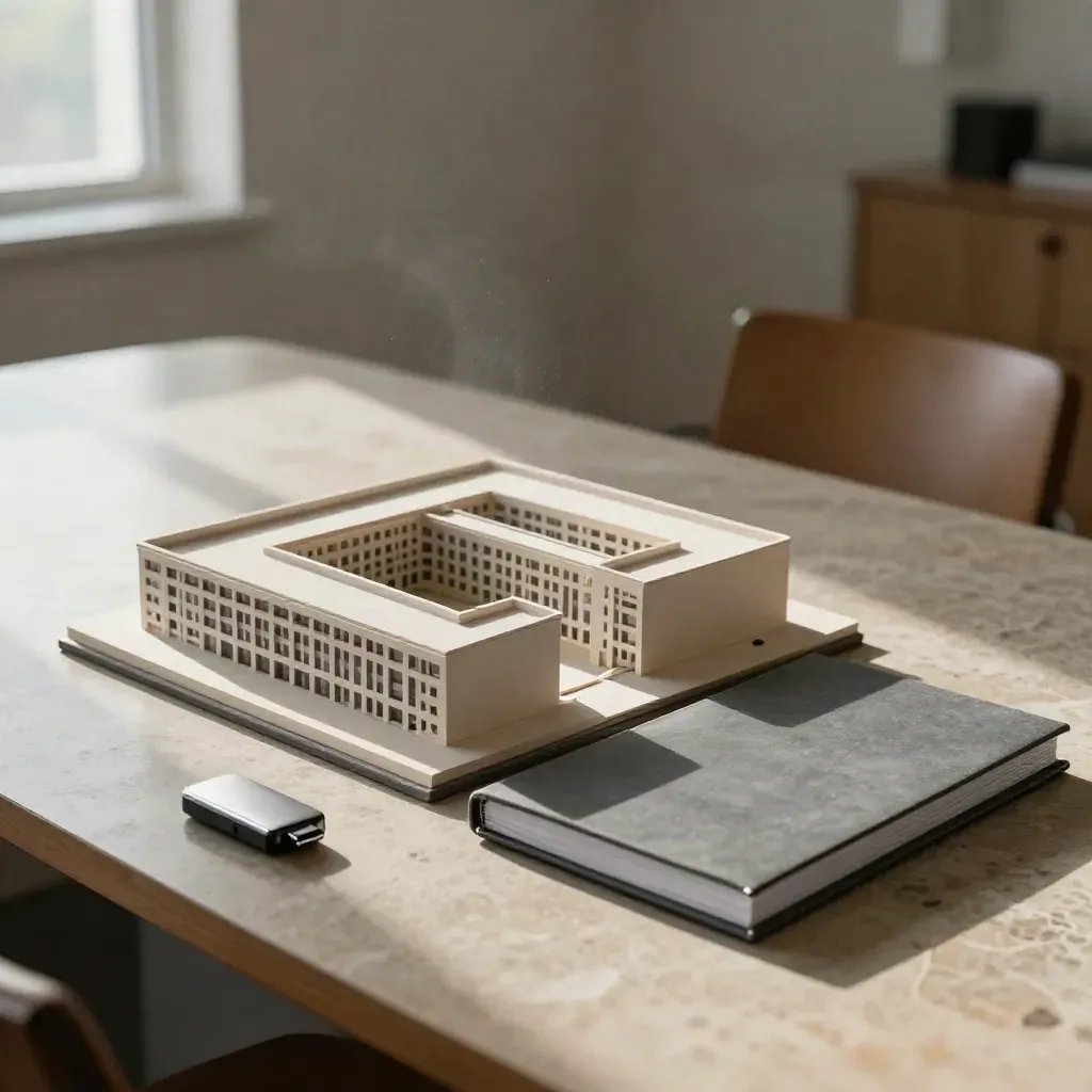 Maquette d’immeuble, dossier fermé, clé USB et pierre plate sur une table de réunion lumineuse.