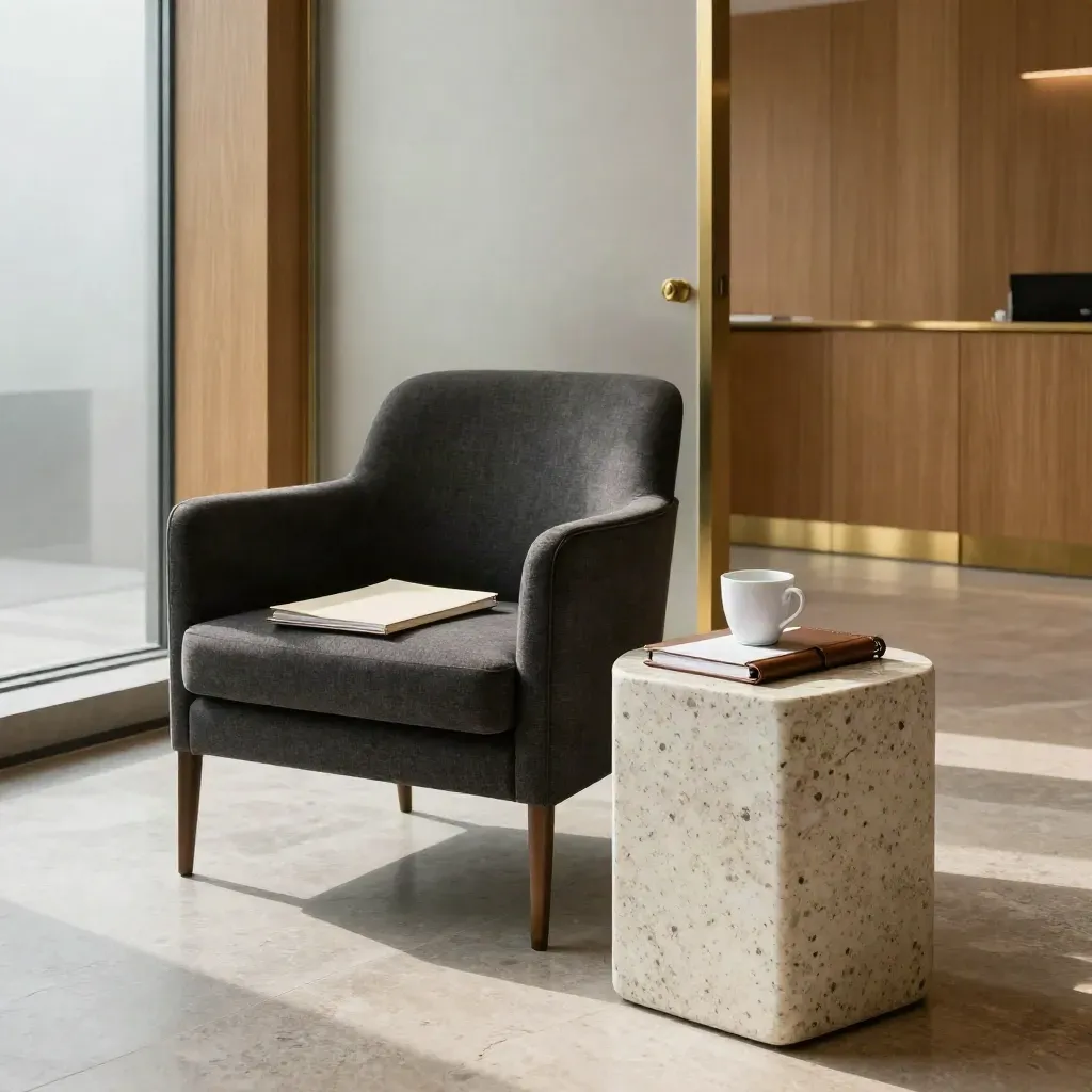 Fauteuil de consultation vide avec dossier fermé, tasse intacte et carnet dans un bureau d’avocat lumineux.
