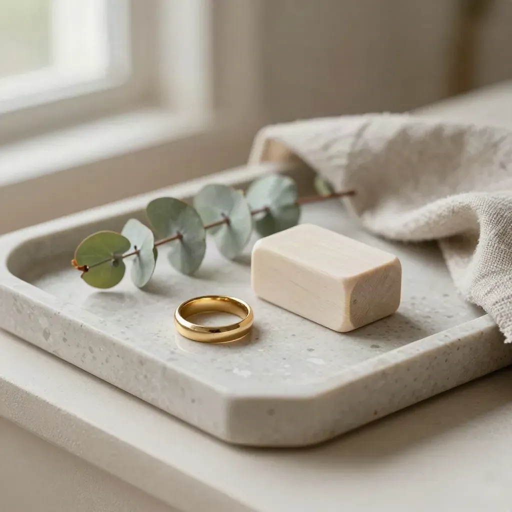 Alliance dans un vide-poche en pierre avec eucalyptus, bois clair et linge grège.