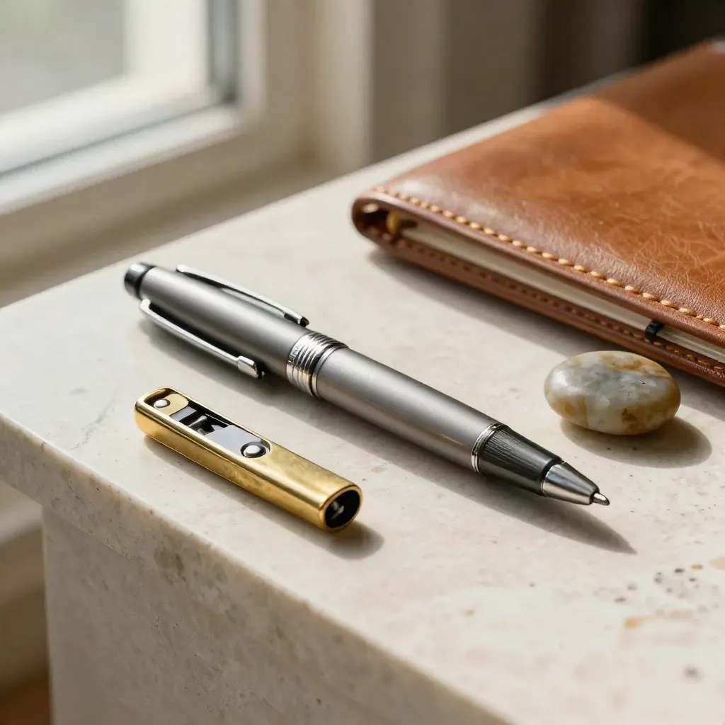 Stylo métal, coupe-papier en laiton, portefeuille en cuir et pierre sur travertin