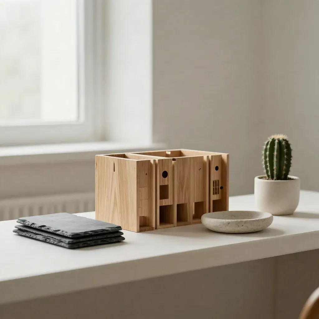 Maquette d’immeuble en bois, organiseur fermé, coupelle en pierre et cactus sur fond clair.