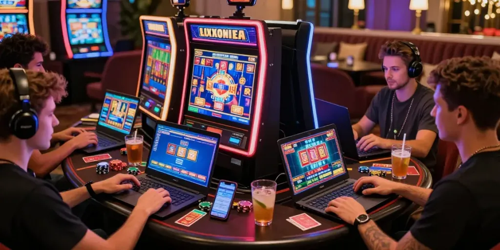 Atmosphère de jeu captivante avec des joueurs utilisant des bonus de casino sans dépôt.
