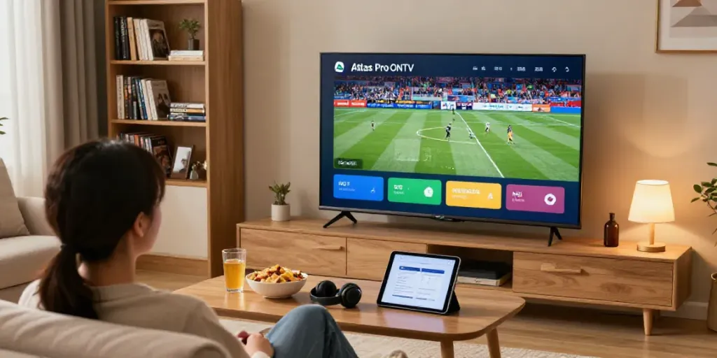 Person utilisant l'application atlas pro ontv sur Smart TV dans un cadre confortable.