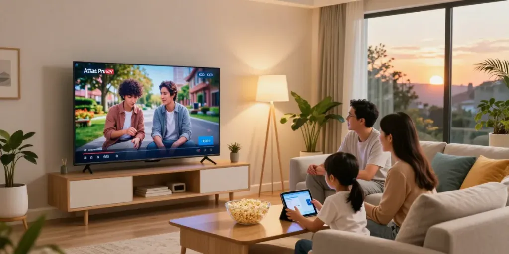 Moment convivial en famille avec Atlas pro ontv, regardant un film ensemble dans un salon chaleureux.